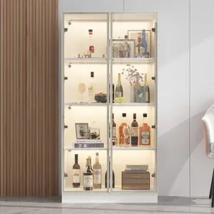 FUFU&GAGA Display Cabinet with Glass Doors and Lights, Display Cabinet,4-Tier Storage Shelves, Pop-up Design, Trophy Cabinet White, Champagne Gold