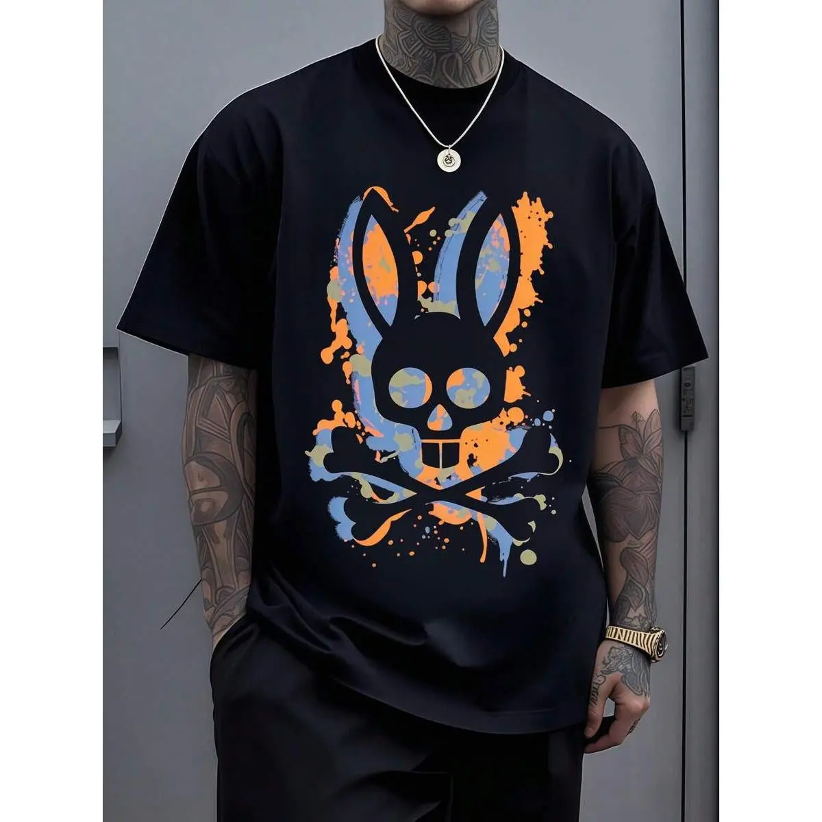 Skull Rabbit And Crossbones Graphic T Shirt For A Distinctive Look Featuring A Colorful Skull Rabbit Head Above Crossed Bones Gives Off A Rock Inspired Edgy Feel Casual 100% Cotton Style new garments Need Cigarette