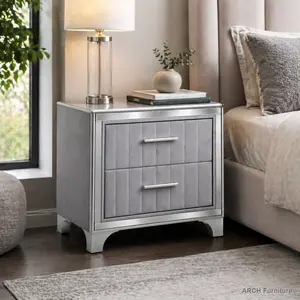 Contemporary Acrylic Top Bedside Cabinet with 2 Drawers - Padded Front, Silver Metal Legs, Compact Fit, Quick Setup, Upholstered Modern Accent Table for Bedroom (22.64" W x 15.75" D x 24.13" H), Modern Accent Tables