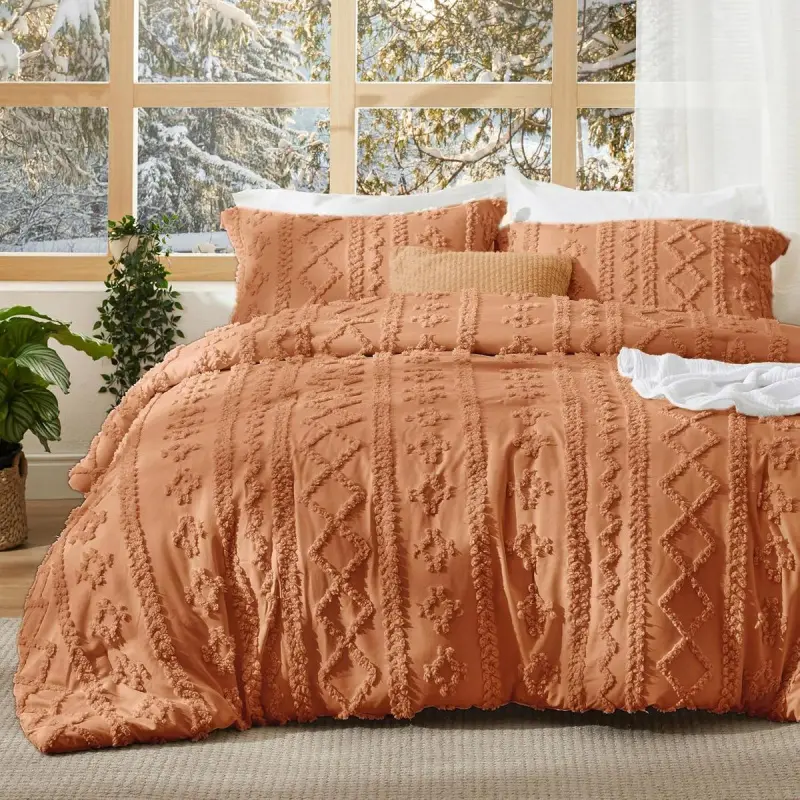 Khaki Boho Bedding Set Full Size Tufted Embroidered Comforter Set Farmhouse Bedroom Decor