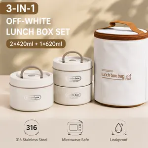 Portable stainless steel bento lunch box set, 3-piece insulated food containers with thermal bag, leakproof microwave-safe lunch box set, 2×420 ml + 620 ml stackable food storage for office, work, school, picnics, camping, adults and kids