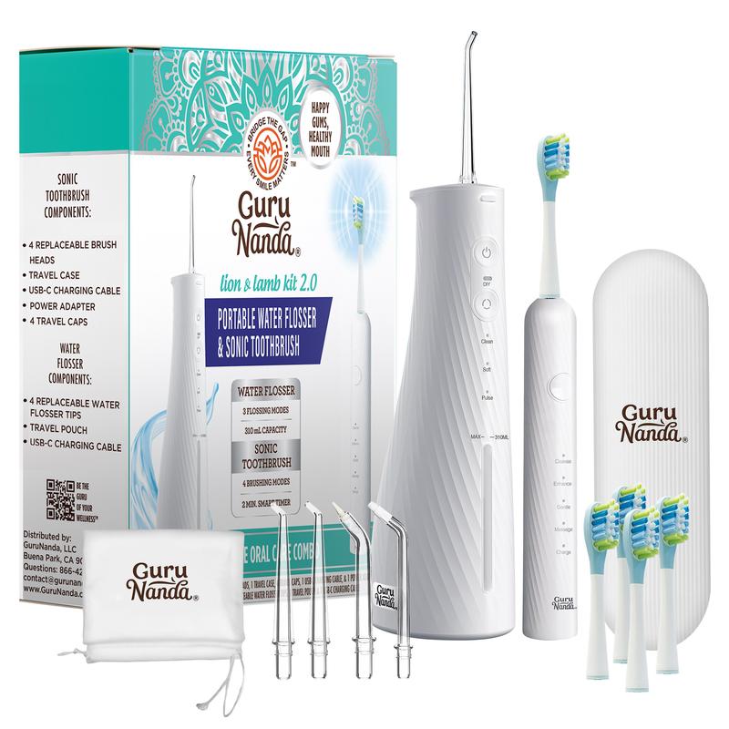GuruNanda Lion & Lamb Kit 2.0, Electric Toothbrush with Water Flosser Combo, 4 Jet Tips, 4 Brush Heads & IPX7 Waterproof Design for Complete Oral Care