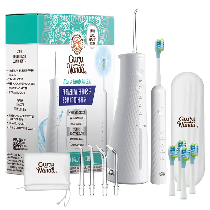 GuruNanda Lion & Lamb Kit 2.0, Electric Toothbrush with Water Flosser Combo, 4 Jet Tips, 4 Brush Heads & IPX7 Waterproof Design for Complete Oral Care