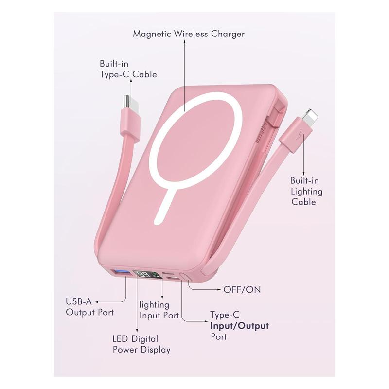 Podoru for MagSafe Battery Pack, 10000mAh Power Bank Built-in USB-C Lighting Cables Wireless Magnetic Portable Charger for iPhone 17/16/15/14/13/12Series