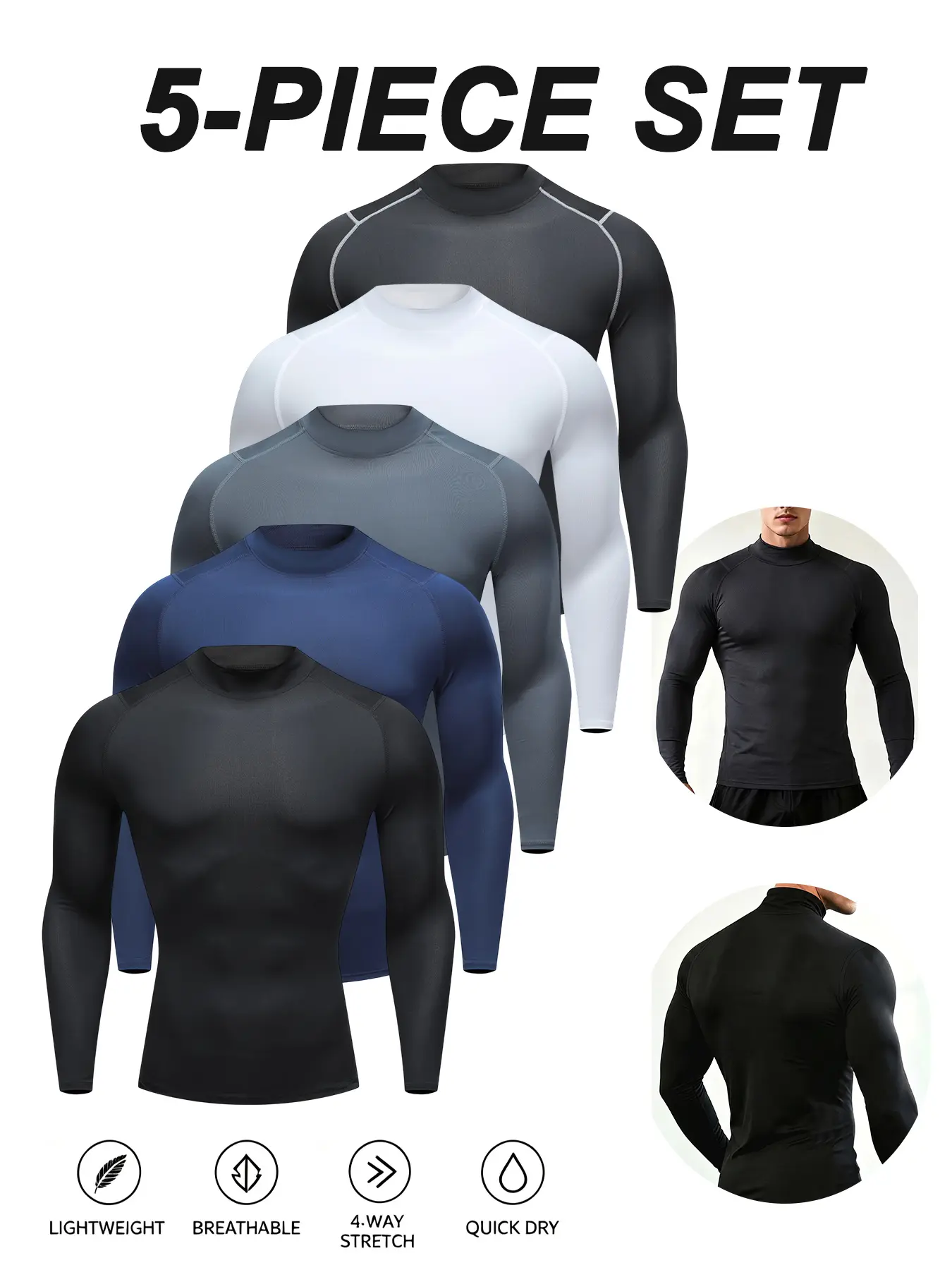 5 Pack Men High Neck Long Sleeve Compression Shirts, Slim Fit Breathable Tight Tops, Casual Athletic Undershirt for Basketball Running Gym Outdoor Ball Sports
