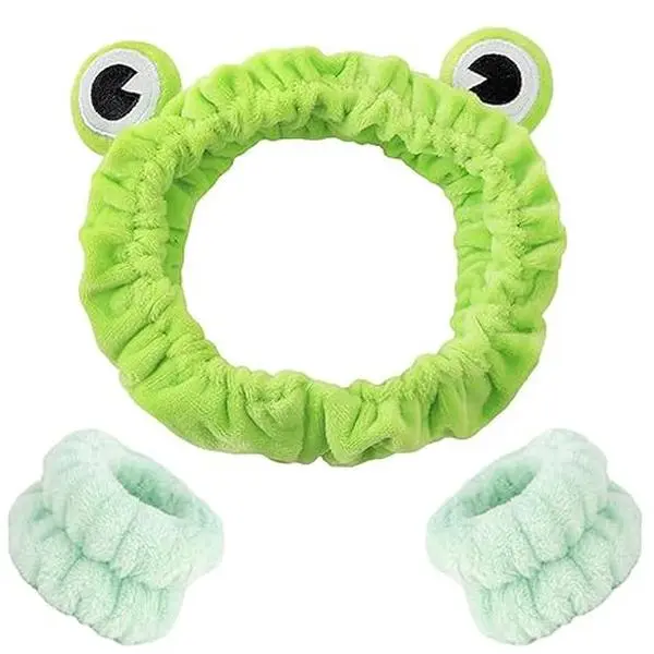 Frog Headband Skin care Headbands and Wristbands Cute Spa Wrist Band Fluffy Hand Cuffs Women Facial Makeup Accessories Costume Party Supply Birthday Gift (Frog)