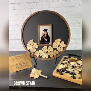 Round Wooden Guest Book Frame with Photo Opening for Graduation Celebration, Graduation Caps and Diploma drops, picture frame insert