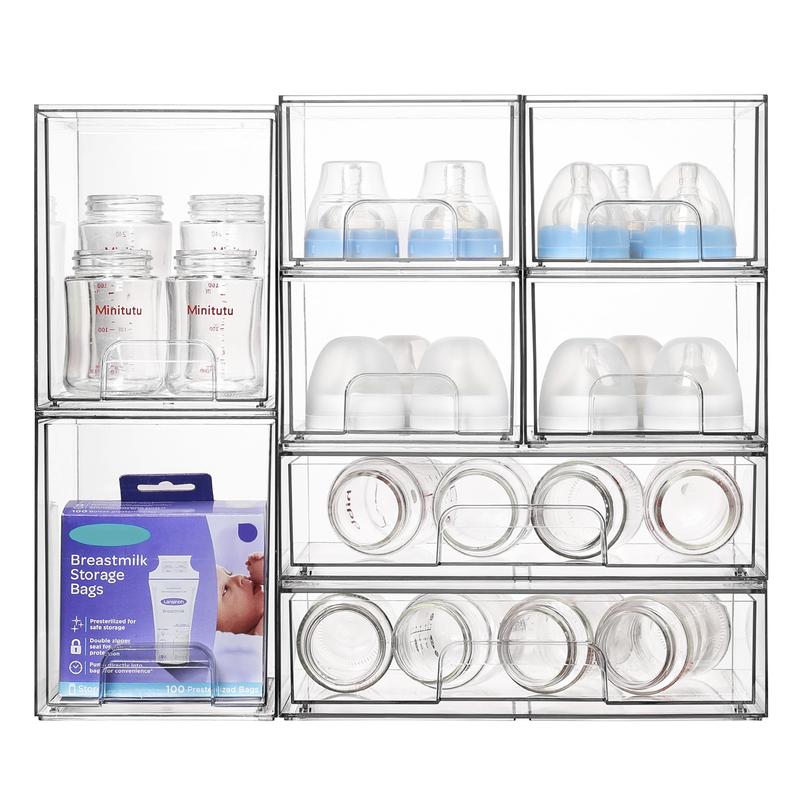 Vtopmart Stackable Storage Drawers Set of 5/8 Clear Plastic Organizer Bins for Nursery Bottle Station and Beauty Supplies Vanity Bathroom Cabinet Pantry Organization Multi-Size Flexible Design BPA-Free Safe New Year Gift