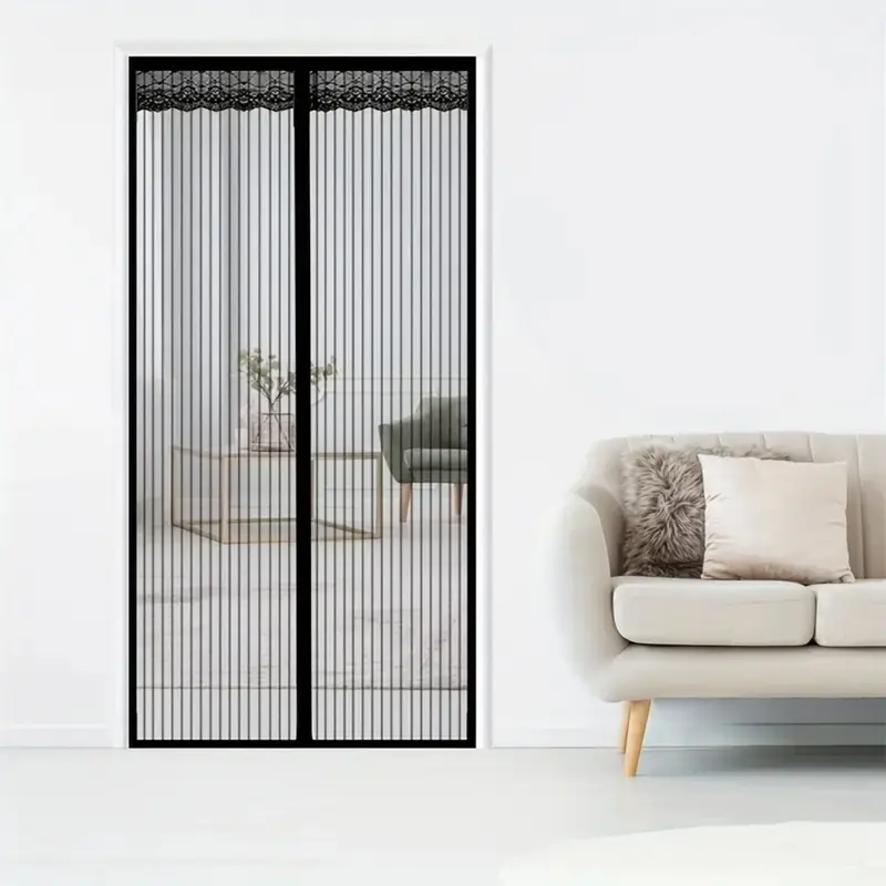 1pc Black Magnetic Door Curtain, Striped Lace Design, Mosquito Proof And Breathable Screen Door, Suitable For Decorating Living Room, Bedroom, Kitchen Door Curtains, Pet Friendly, Easy To Install