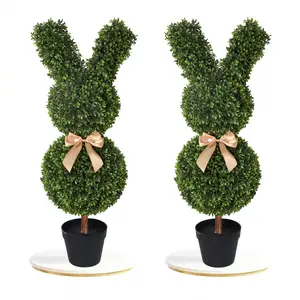 Amada 37'' Boxwood Bunny Topiary (2 Pack) – UV-Resistant Artificial Rabbit Trees with Black Pots, Indoor & Outdoor Easter Spring Porch Decor