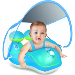 Upgraded No Flip Over Baby Pool Float, Baby Float with Canopy UPF50+, Inflatable with Double Air Chambers, Five Safety Protection Anti-flip Safe, Baby Swimming Float for 6-36 Months Blue L