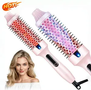 1.5-Inch Thermal Heated Round Brush, Salon-Grade Multifunctional Styler with Negative Ions, LED Display, Dual Voltage, Quick Natural Curling, Less Damage, Long-Lasting Waves, Detangling & Straightening Pink Hair Tool Daily Straighteners