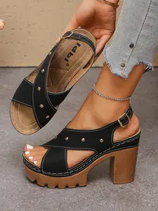 New Elegant Thick Sole High Heel Sandals, Metal Studs Decor, Cross Strap Design, Commuter Date Versatile Shoes, PU Material