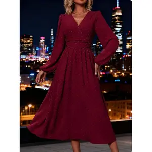 Women's 2025 Fall Chiffon Midi Dress | V Neck Swiss Dot Empire Waist Smocked Ruffle Long Sleeve