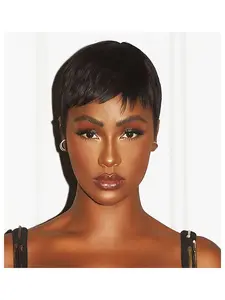 Women's Short Straight Human Hair Wig, 180% Density, Natural Look, Machine Made, No Glue Needed, Daily & Special Occasions