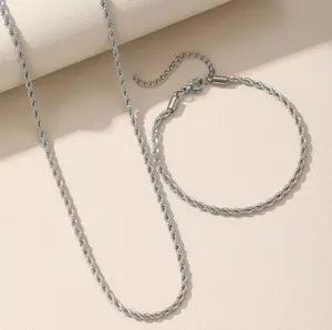 14K Real Gold Plated Rope Chain Set for Men Women, Upgraded Faceted Shiny Cut Tarnish-Free Waterproof Gold Jewelry, Summer Versatile Necklace Bracelet Set