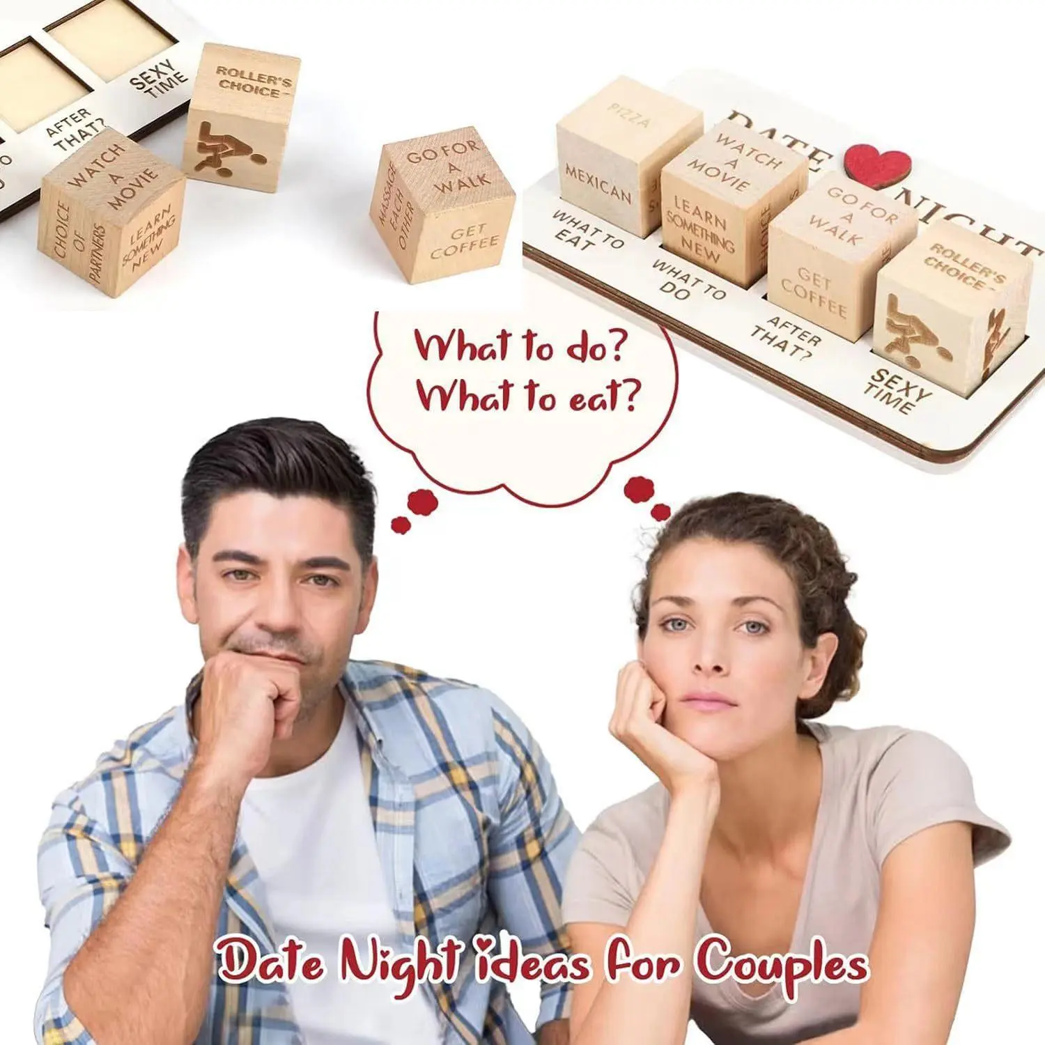 Wooden Date Night Decision Dice Set for Romantic Couples, Festive & Party Supplies with 5 Dice, Velvet Pouch, Unisex Fun for Valentine's Day, Anniversary Gifts