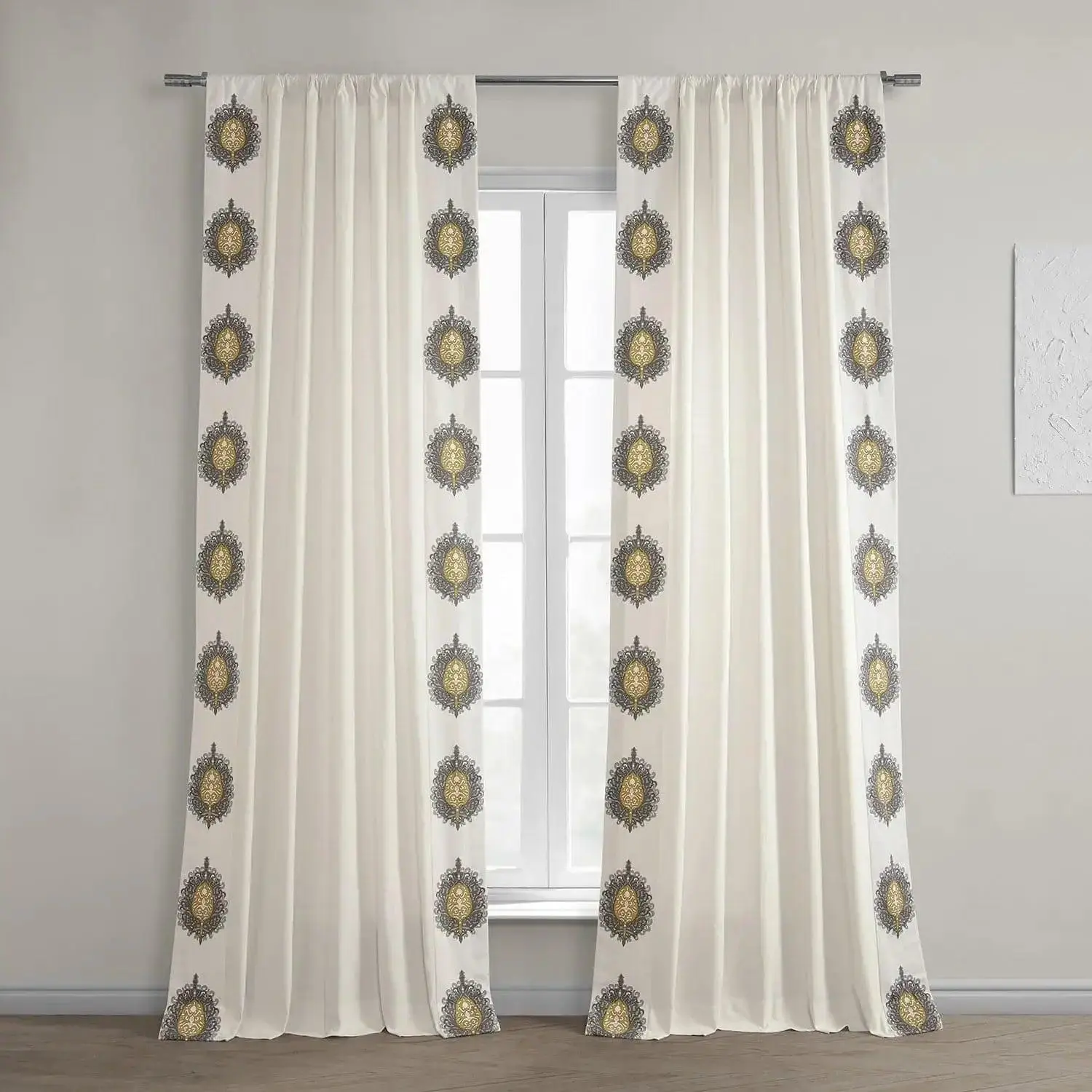 Mayan Gold Bordered Cotton Curtain, Half Price Window Curtain for Windows, Window Curtains