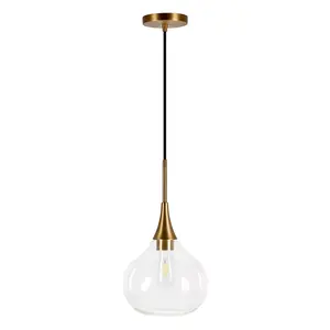 Hudson and Canal 9.5" Wide Pendant with Glass Shade Brass/Clear: Mid-Century Modern Island Light, UL Listed, E26 Socket
