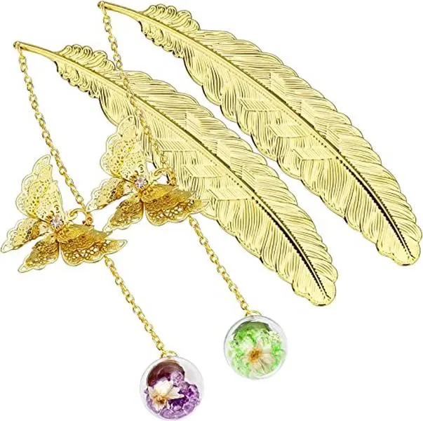 Metal Feather Bookmark with 3D Butterfly Pendant Christmas Thanksgiving Unique Gift for Book Lover Teacher Women and Girls 2 Pack