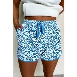 Blue Leopard Elastic Waistband Lace up Contrast Trim Casual Shorts