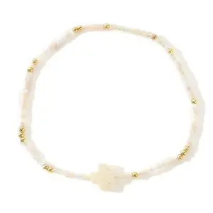 Shinus Boho Delicate Beige Cross Bracelet Gold Plated Miyuki Seed Bead Stretch Handmade Dainty Faith Jewelry Gift for Women Gift for her adjustable fashion accessory