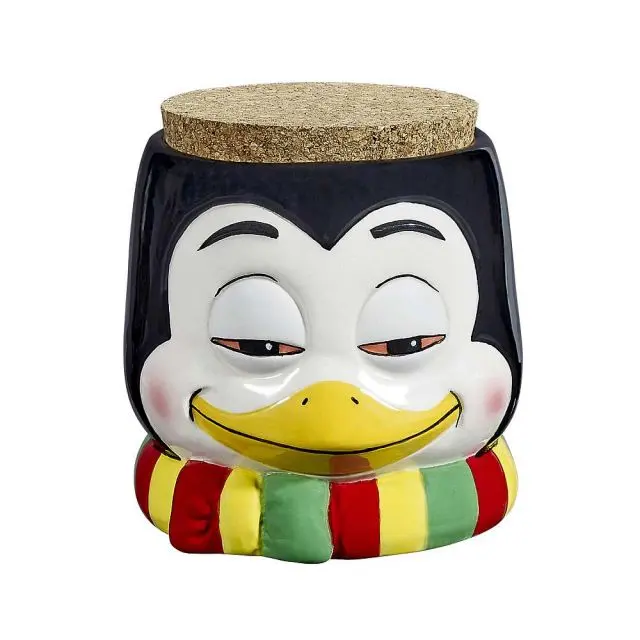 PENGUIN STASH JAR | Made of ceramic | Cork lid protects sensitive contents from light | 4" tall x 3 3/" long x 3 1/4 wide | Ideal to store teas, coffees, herbs, spices and medical herbs | Cool Gifts