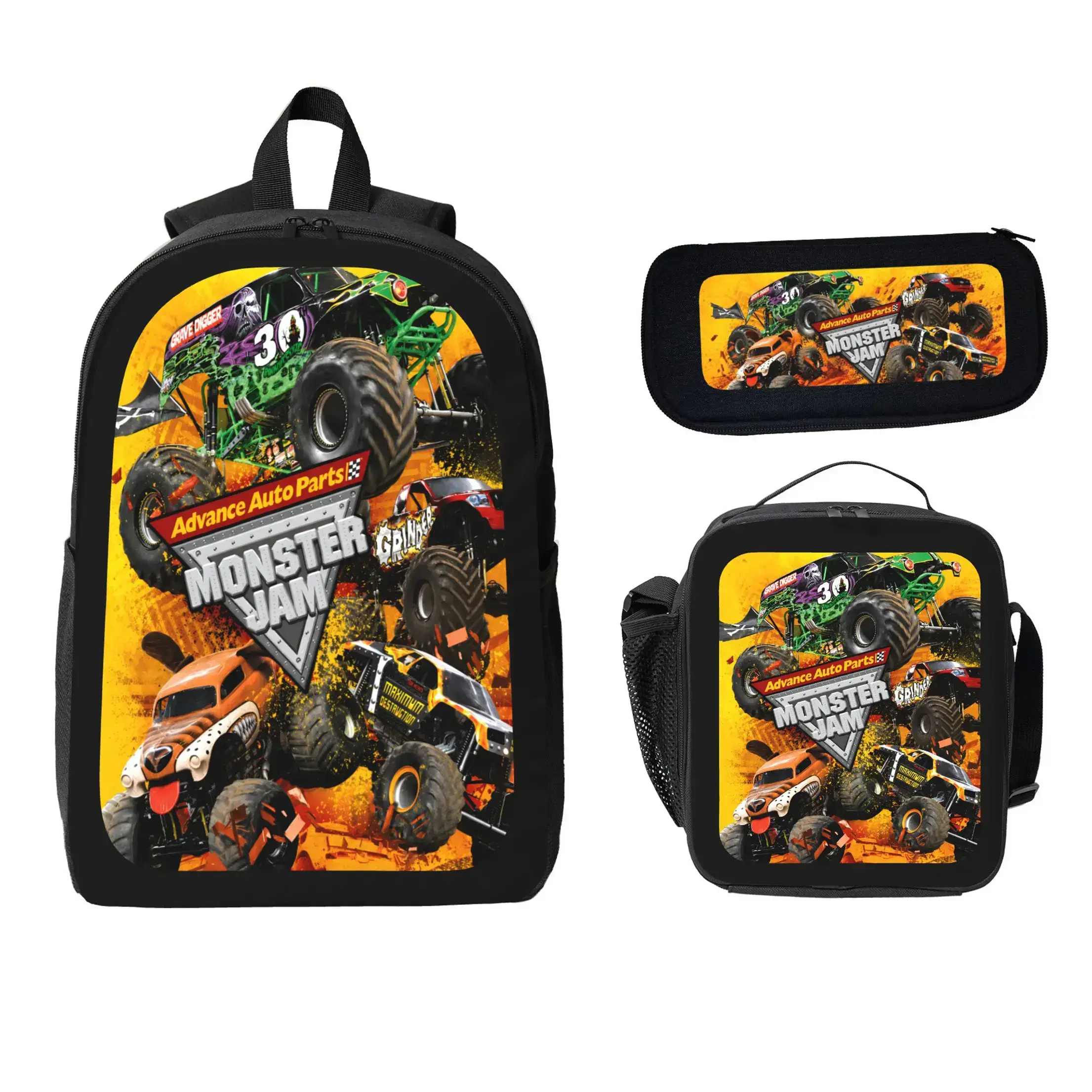 Monster Jam 3-Pcs Polyester Backpack Set Large Capacity Lightweight Backpack Lunch Bag Pencil Case with Monster Truck Print Back to School Travel Gift for Kids Students