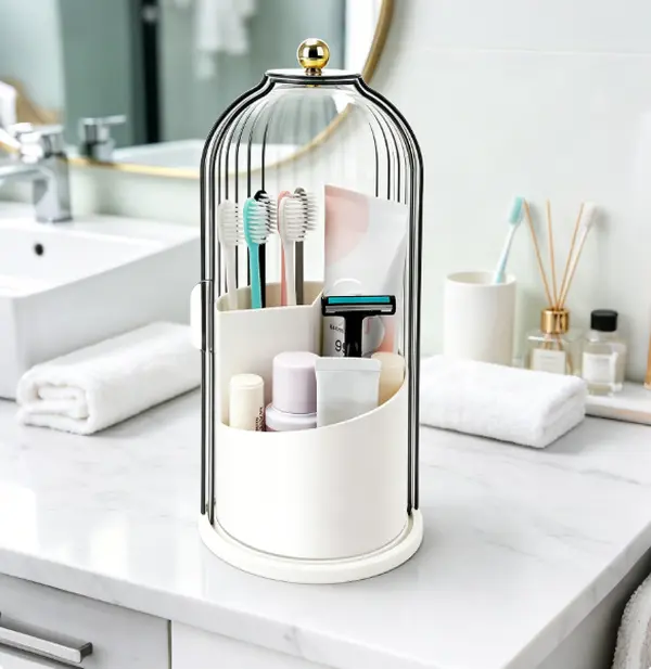 Toothbrush Holders with Sliding Lid, Rotating 3 Slots Bathroom Organizer Countertop, Tooth Brush Toothpaste Holder Bathroom Counter Stand Sink Organizer Caddy for Vanity Makeup Brushes Holder
