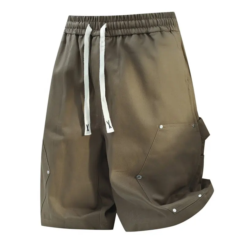 Male Cotton Above-Knee Studded Patchwork Shorts - Minimalist Street Style Casual Menswear, Lightweight Breathable for Summer Sports or Everyday Wear