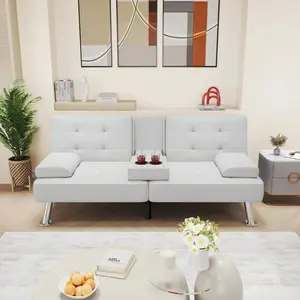 Modern Faux Leather Futon Sofa Bed For Living Room Convertible Folding Adjustable Recliner With 2 Cup Holders