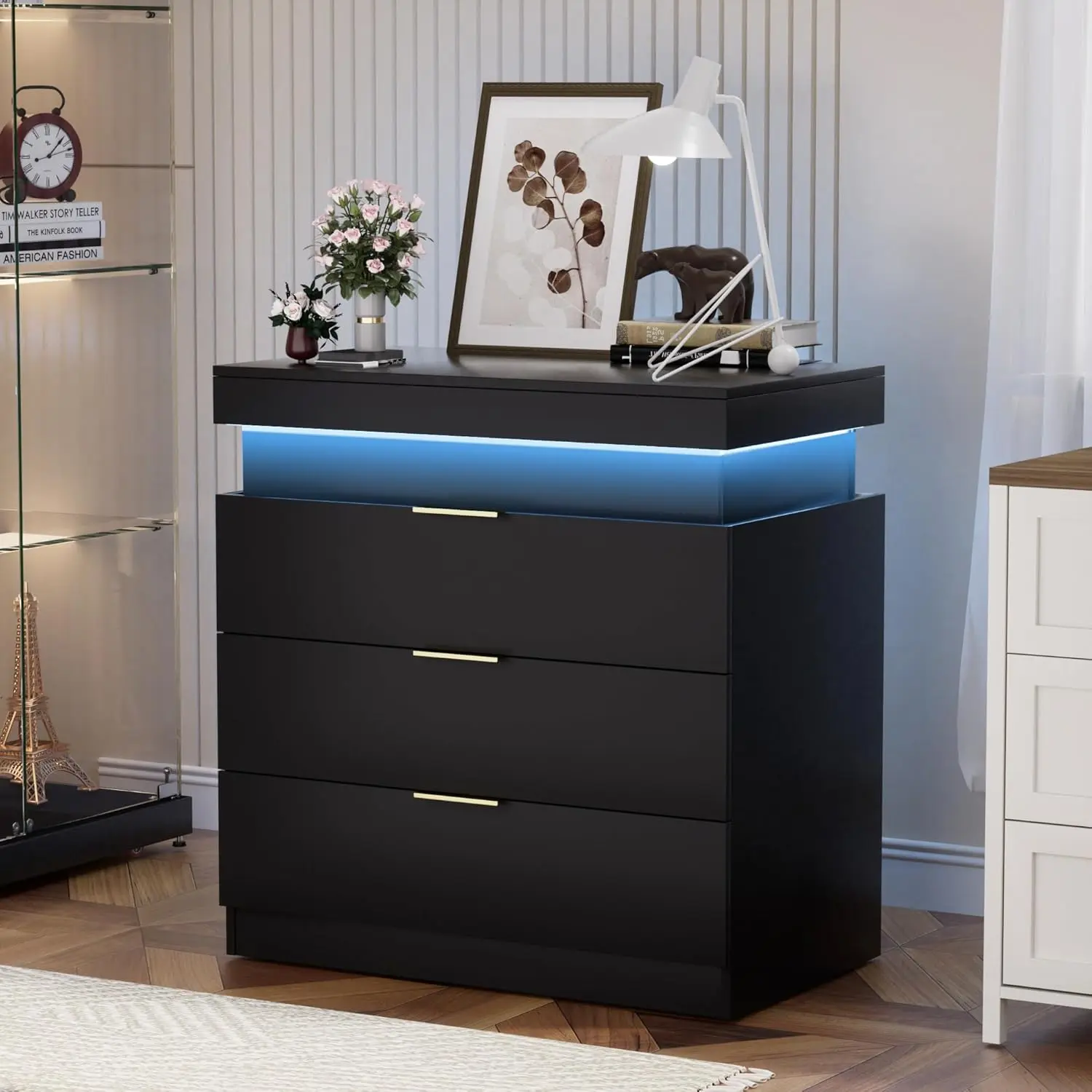 LED Smart Nightstand with Charging Station - Black/White Cube Nightstand with Drawer, 3 Drawers, Sliding Top, RGB Lights, 22 Dynamic Lighting Modes, App/Remote Control, 28.8x17x30.5 in, 6.5-ft Power Cord for Bedroom, Living Room, Nightstands With Drawer