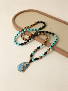 Bohemian Beach Style Tricolor Beaded Necklace, Natural Stone Pendant, Unisex Jewelry Gift, All Seasons Accessory