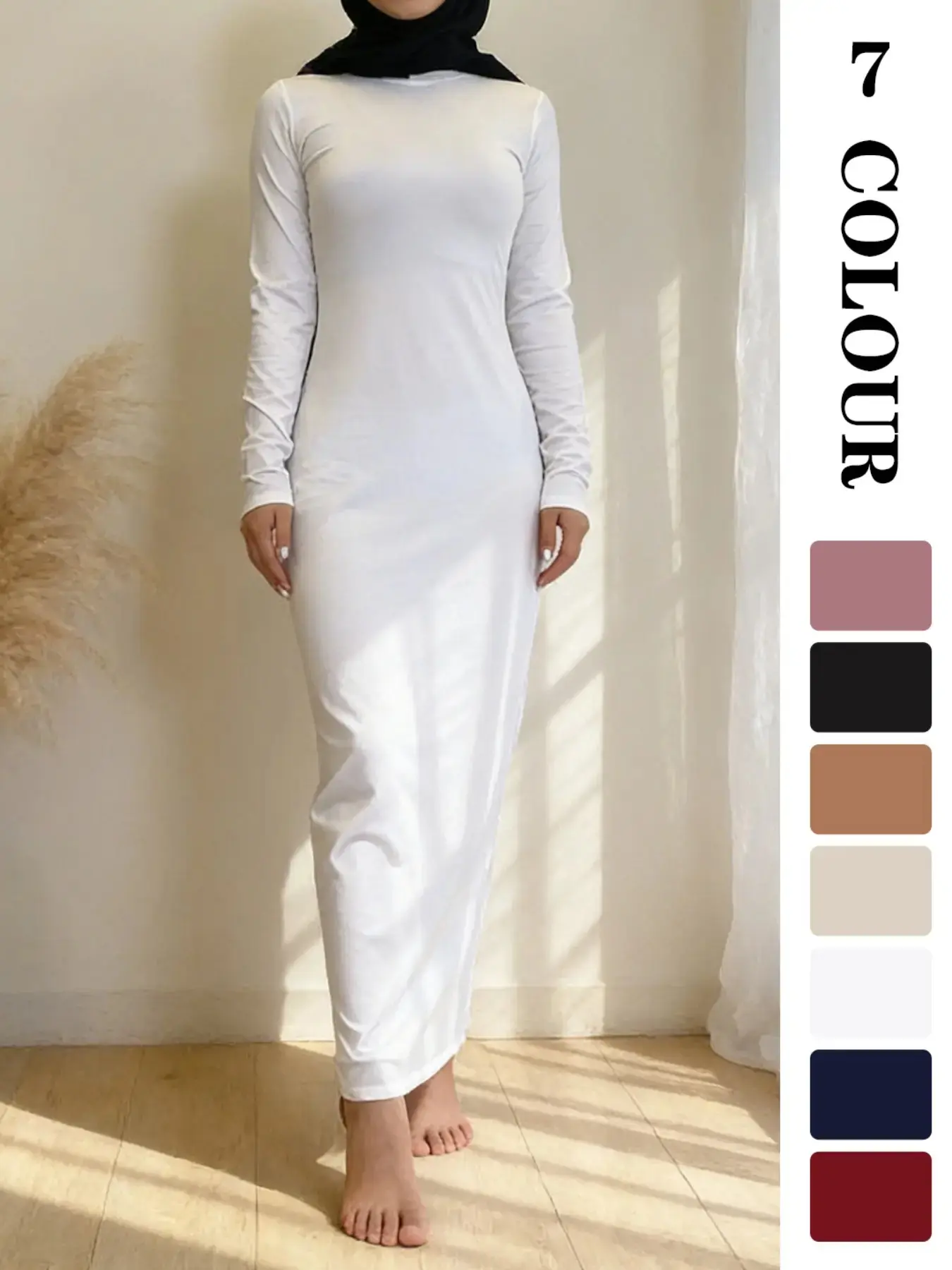 Muslim Sleepwear Plain Long Sleeve Fitted Dress, Modest Muslim Outfits, Modest Islamic Clothing, Islamic Modesty Clothes, Essential for All Muslim Women, 7 Colors, 5 Sizes, Suitable for All Ages, Maxidresses