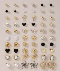 30 Pairs/Set Stud Earrings Assortment - Metal, Faux Pearl, Simple & Cute Designs Include Heart, Teardrop, Butterfly, Rhinestone, Flower, Sun Motifs, Great For Everyday Wear & Holidays - Gift For Women