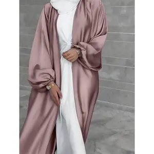 ElegantGoldenSatinBubbleSleeveAbaya-MiddleEasternStyleMaxiDresswithWhiteStripeDetail,PolyesterBlend,MachineWashableModestyMuslim
