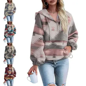 Womens Aztec Half Zip Up Hoodies Sweatshirt Casual Long Sleeve Oversized Ethnic Tribal Hooded Pullover Shirt Top