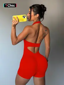 Women's Summer Halter Backless U-Neck Sport Jumpsuit, High Elastic Yoga Shorts, Casual Workout, Fashion One-Piece Fitness Wear, Stretch Jumpsuit