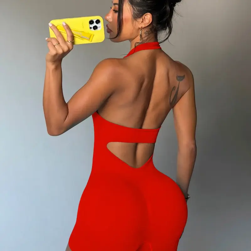 【Black Friday】Women's Summer Halter Backless U-Neck Sporty Chic Jumpsuit, Casual Workout Fashion One-Piece Fitness Wear, Stretchy Sports Jumpsuit