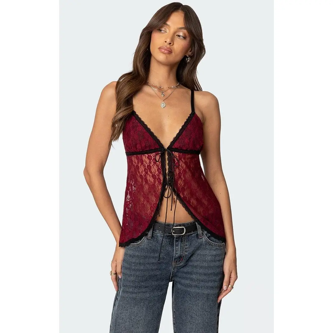 Edikted Women's Maude Tie Front Sheer Lace Top