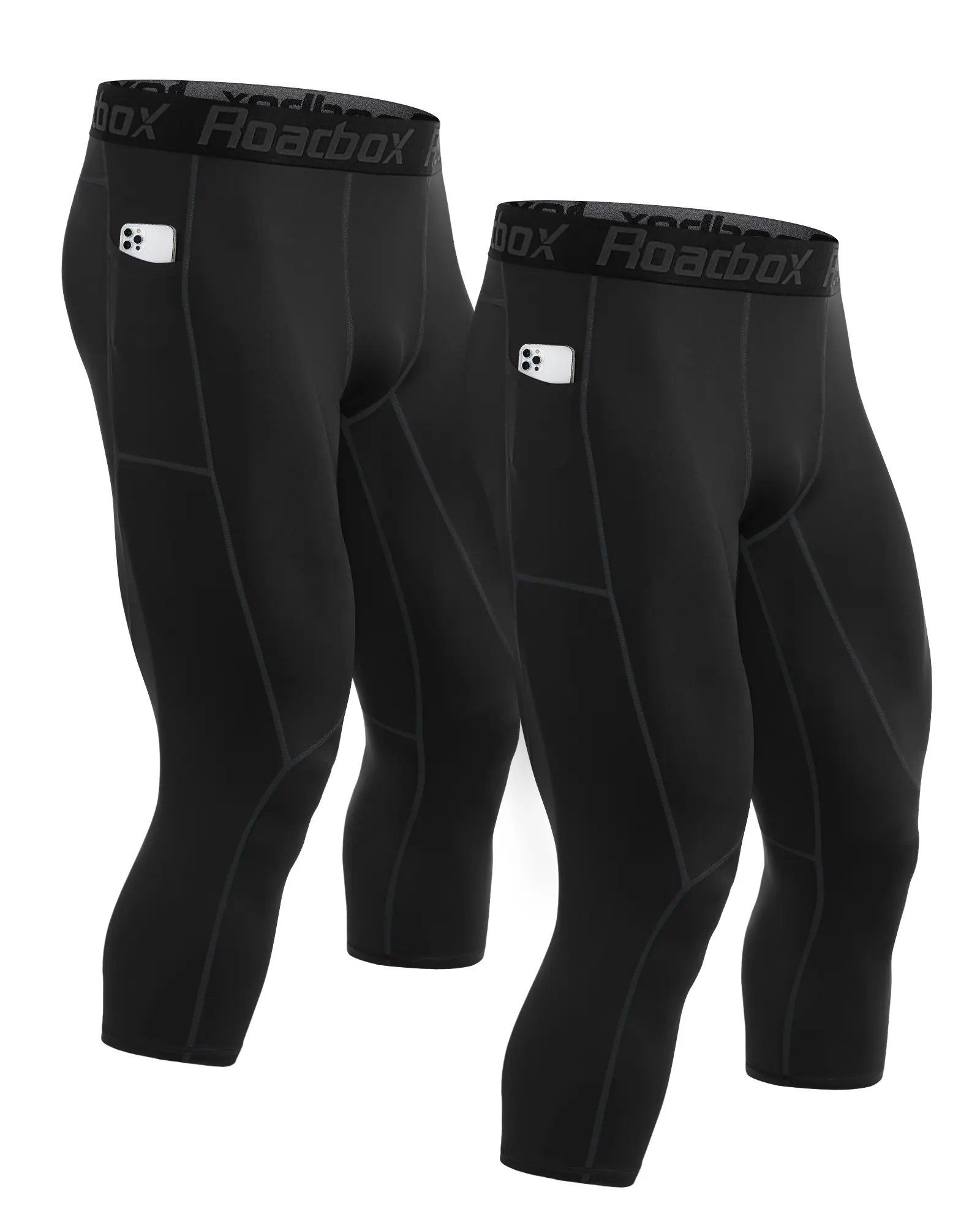 Roadbox 2 Pack Men's 3/4 Compression Pants, Athletic Basketball Workout Tights Leggings, Sport Running Spandex Base Layer