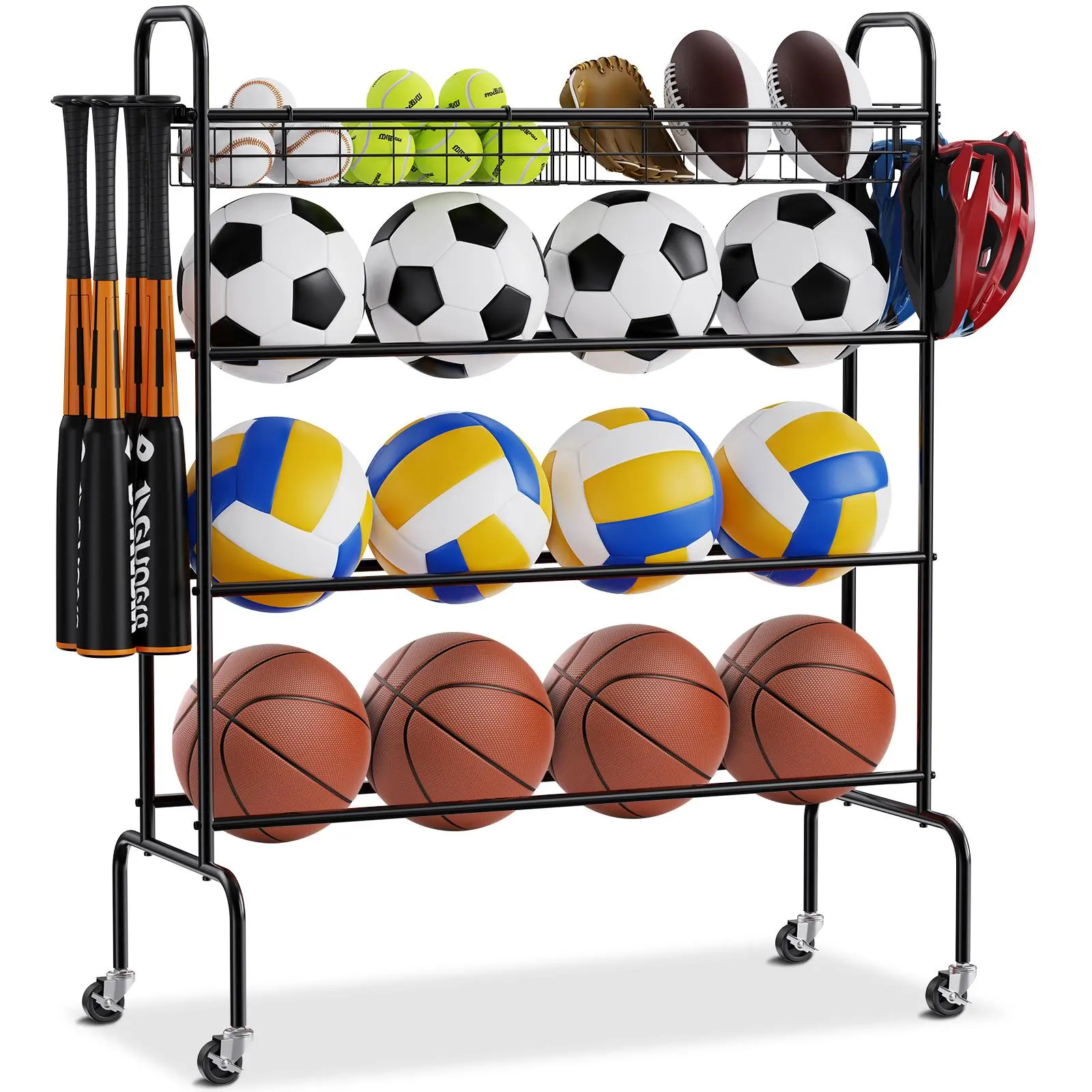 VEVOR 4-Tier Rolling Basketball Rack - Smooth Carbon Steel Stand, Hanging Storage Organizer with Transport Wheels, Rotatable Hooks, Softball Baskets for Garage Organization, Gym Sports Gear Storage
