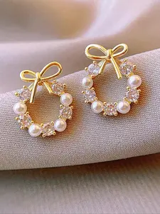 Faux Pearl & Rhinestone Decorated Bow Design Stud Earrings (1 Pair), Elegant Cute Jewelry for Party, Daily Clothing Decor for Girl, Trendy All-match & Exquisite Jewelry for Birthday Gift, Zircon Stud Earrings