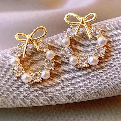 Faux Pearl & Rhinestone Decorated Bow Design Stud Earrings (1 Pair), High Quality Earrings, Elegant Cute Jewelry for Party, Daily Clothing Decor for Girl, Trendy All-match & Exquisite Jewelry for Birthday Gift, Zircon Stud Earrings