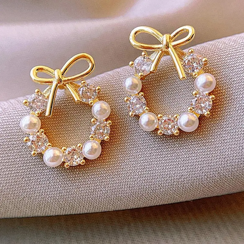 Faux Pearl & Rhinestone Decorated Bow Design Stud Earrings (1 Pair), High Quality Earrings, Elegant Cute Jewelry for Party, Daily Clothing Decor for Girl, Trendy All-match & Exquisite Jewelry for Birthday Gift, Zircon Stud Earrings