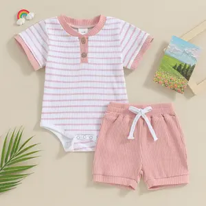 Baby Girl 2-Piece Striped Ribbed Outfit Set, Short Sleeve Henley Bodysuit & Matching Shorts, Cute Summer Playwear (0-18M)