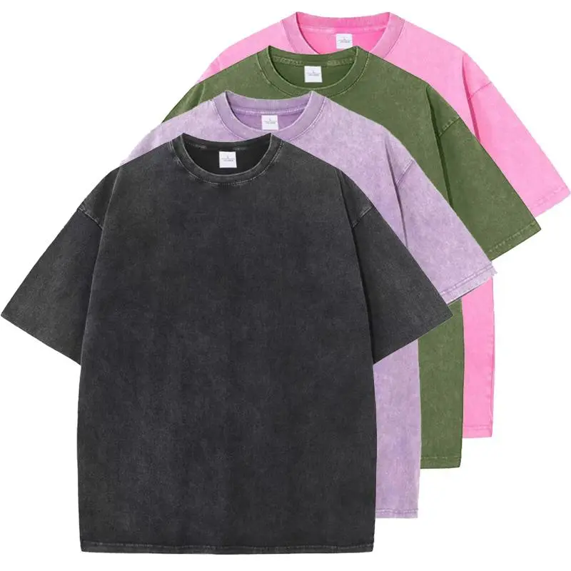 4-Pack Vintage Washed T-Shirts, Unisex 100% Cotton Loose Fit Crew Neck Top, Plain Short Sleeve Casual Streetwear, Shortsleeve, Round Neck, Vintage Worn-Out, Menswear