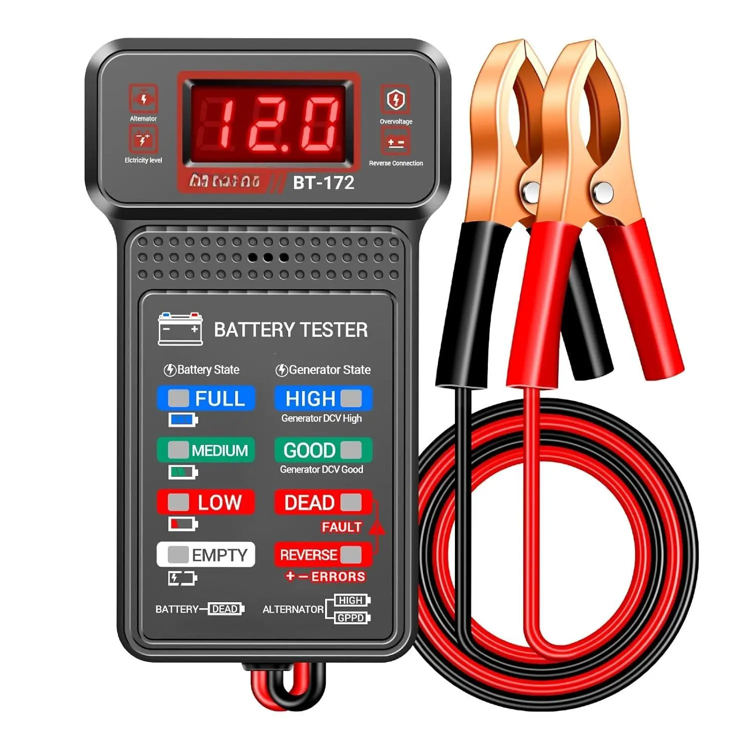 12V BT172 Portable Digital Car Battery Tester - Compact Digital Meter with LCD Display, LED Indication, Voltmeter, Alligator Clips, Reverse Safe for Multi-Vehicle Alternator Check (Car Battery Repair Tool)