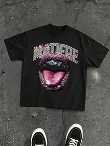 American Sweet Cool High Street Diamond Lip Fang Print Short Sleeve Men's T-Shirt, Trendy Rhinestone Letter Loose Fit Tee
