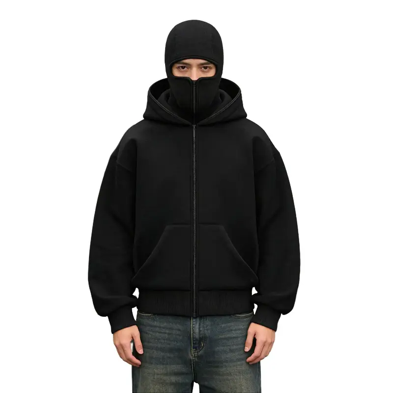 Balaclava Jacket Zip Up Fashion Double Layer Hoodie Hip Hop Outerwear Jacket Y2K Clothing for Men and Women
